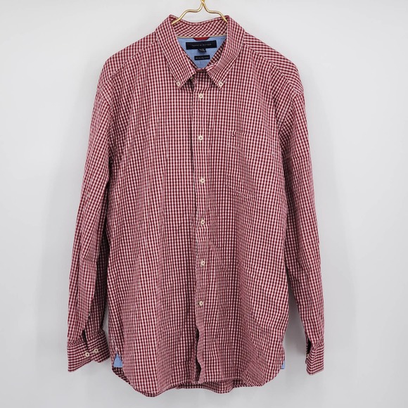 Tommy Hilfiger 80's Two Ply Cotton Red White Button Up Men's Size XL - Picture 1 of 7